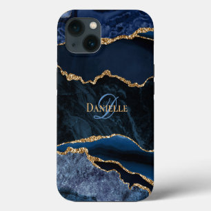 Trendy Navy Blue Agate Gold Glitter Monogram iPhone 13 Case
