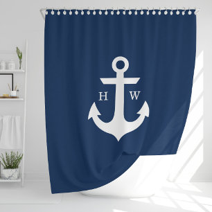 Trendy Navy Blue Anchor Monogram Shower Curtain