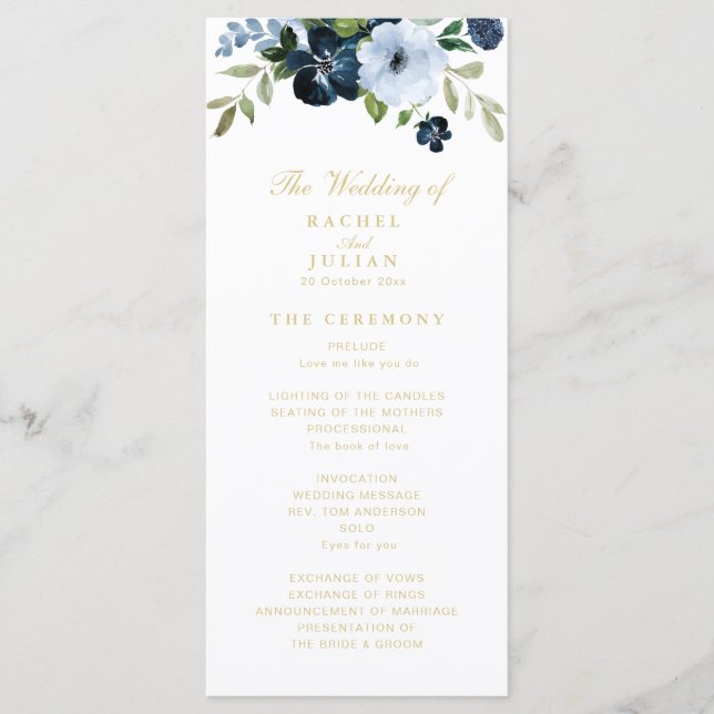 trendy navy blue and gold floral wedding program (Front)