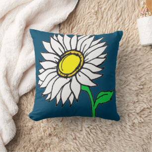 Trendy Navy Blue Daisy Sunflower Yellow White Cushion