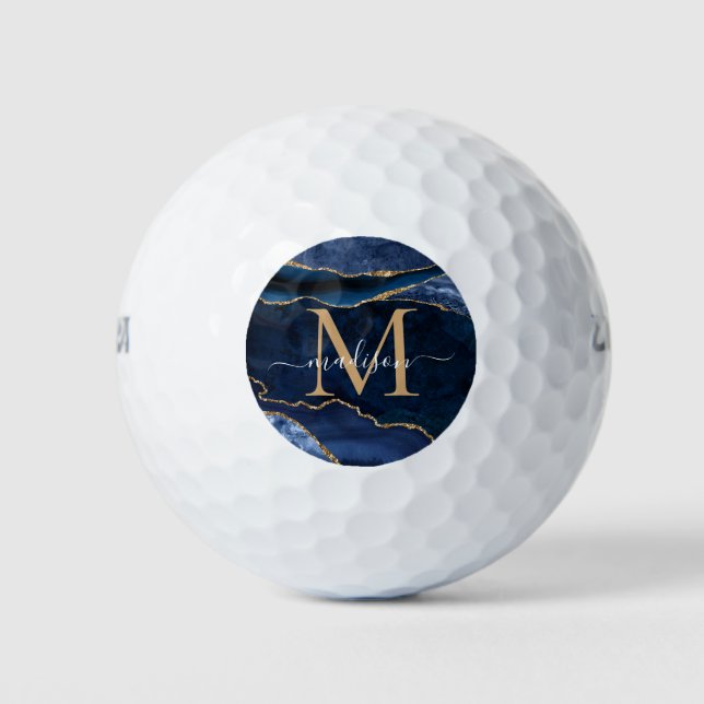Trendy Navy Blue Gold Agate Geode Glitter Monogram Golf Balls (Front)