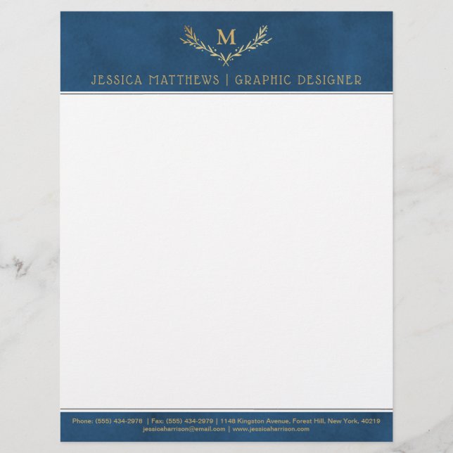 Trendy Navy Blue & Gold Foil Monogram Wreath Custom Letterhead (Front)