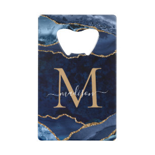 Trendy Navy Blue Gold Glitter Agate Geode Monogram