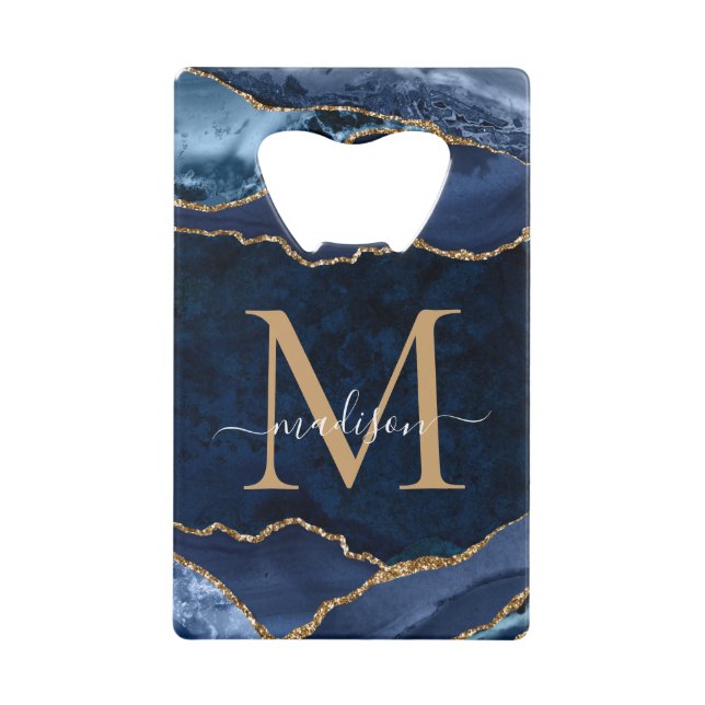 Trendy Navy Blue Gold Glitter Agate Geode Monogram (Front)