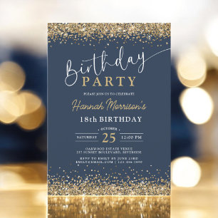 Trendy Navy Blue Gold Glitter Any Age Birthday Invitation