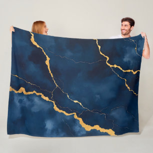 Trendy Navy Blue Gold Marble Collection Fleece Blanket