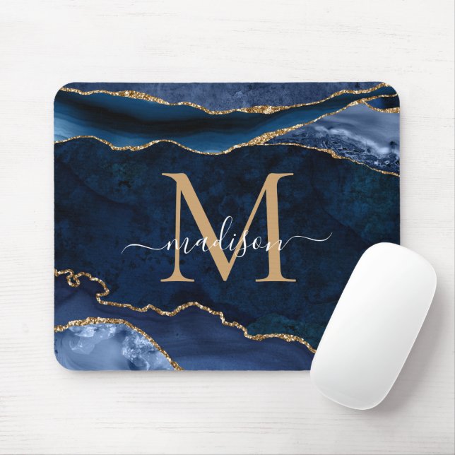 Trendy Navy Blue Gold Sparkle Agate Geode Monogram Mouse Pad (With Mouse)