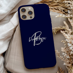 Trendy Navy Blue Grey White Script Monogram  iPhone 15 Case