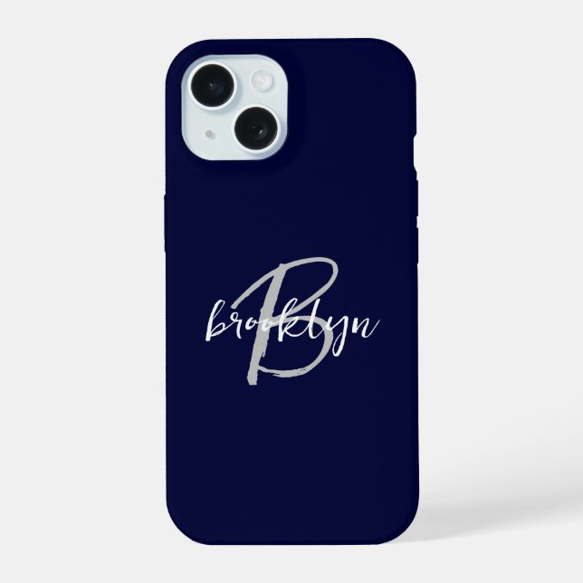 Trendy Navy Blue Grey White Script Monogram  iPhone 15 Case (Back)
