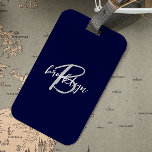 Trendy Navy Blue Grey White Script Monogram  Luggage Tag<br><div class="desc">This elegant personalised luggage tag feature a monogram and first name in modern grey and white script on a navy blue background.</div>