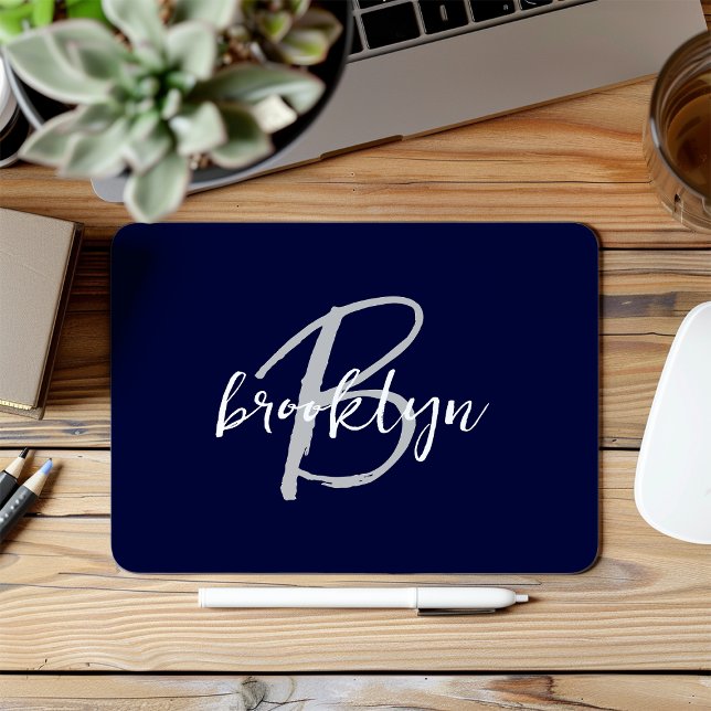 Trendy Navy Blue Grey White Script Monogram  Mouse Pad (Creator Uploaded)