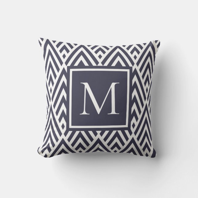 Trendy Navy Blue Monogram Arrow Diamond Pattern Cushion (Front)