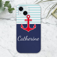 Trendy Navy Blue Nautical Red Anchor Design