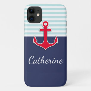 Trendy Navy Blue Nautical Red Anchor Design iPhone 11 Case