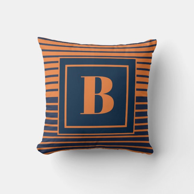 Trendy Navy Blue Orange Striped Large Monogram Cushion (Front)