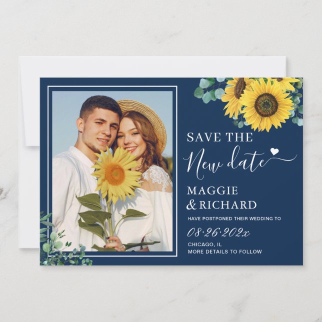 Trendy Navy Blue Sunflowers Save Our New Date Save The Date (Front)