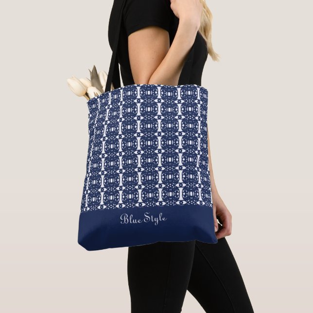 Trendy Navy Blue & White and Calligraphy Tote Bag (Close Up)