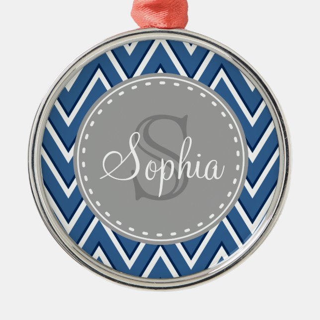 Trendy Navy Chevron Pattern Grey Monogram Metal Tree Decoration (Front)