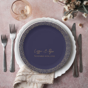 Trendy Navy Gold Design Wedding Reception Party Paper Plate