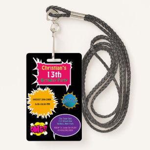 Trendy Neon Comic Birthday Party ID Badge