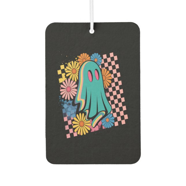 Trendy Neon Floral Ghost Halloween Car Air Freshener (Front)