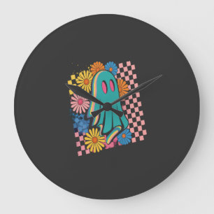 Trendy Neon Floral Ghost Halloween Large Clock