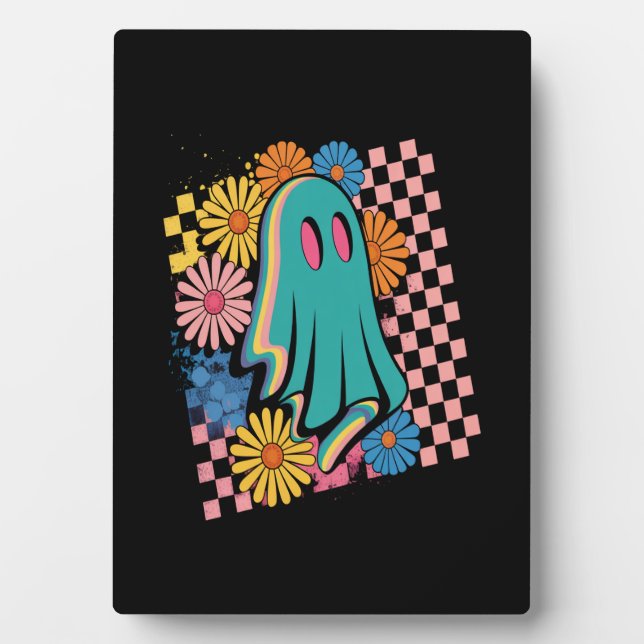 Trendy Neon Floral Ghost Halloween Plaque (Front)
