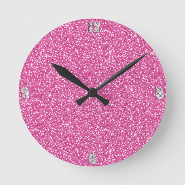Trendy Neon Hot Pink Glitter Round Clock (Front)