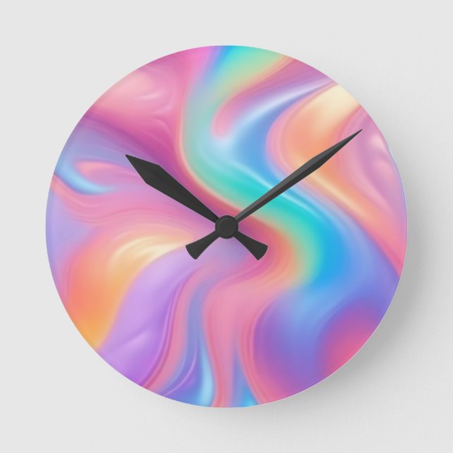 Trendy neon Pink Blue green abstract waves  Round Clock (Front)