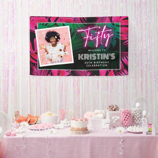 Trendy Neon Pink Tropical 50th Birthday Welcome Banner (Party)