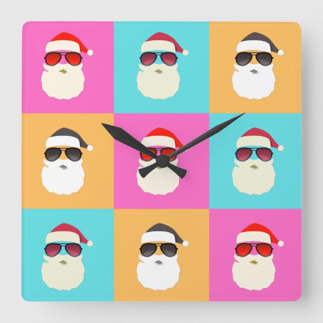 Trendy Neon Santa Sunglasses Pattern Retro Square Wall Clock (Front)