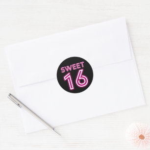 Trendy Neon Sweet Sixteen Hot Pink and Black Classic Round Sticker