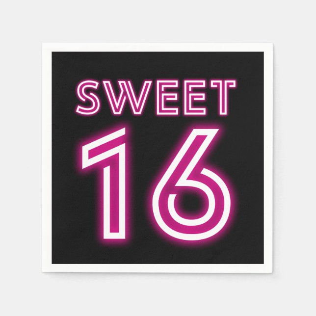 Trendy Neon Sweet Sixteen Hot Pink and Black Napkin (Front)
