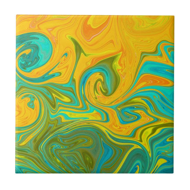 Trendy Neon Yellow Orange Green Abstract Swirl Ceramic Tile (Front)