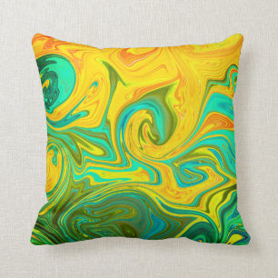 Trendy Neon Yellow Orange Green Abstract Swirl Cushion