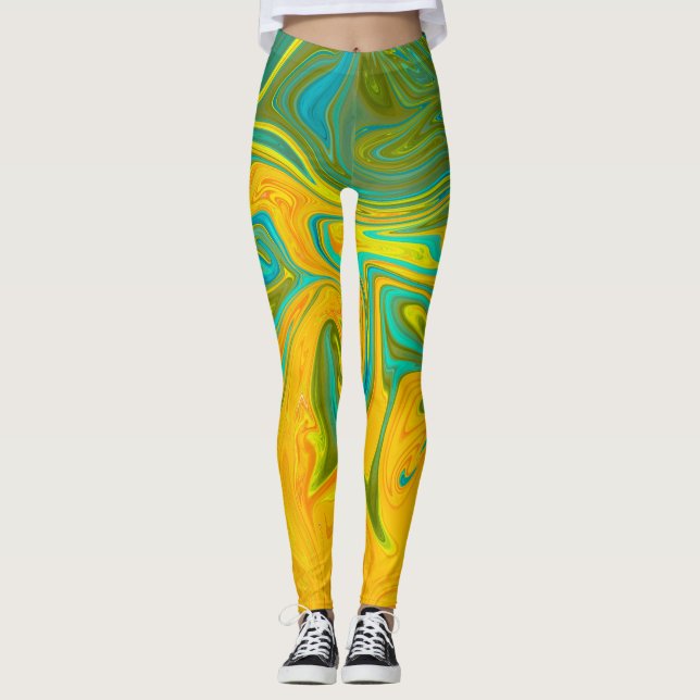 Trendy Neon Yellow Orange Green Abstract Swirl Leggings (Front)
