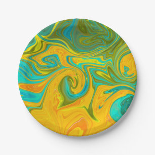 Trendy Neon Yellow Orange Green Abstract Swirl Paper Plate