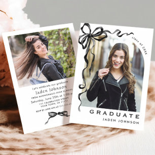 Trendy Neutral Bow Ribbon 2 PHOTO Graduation Party Invitation