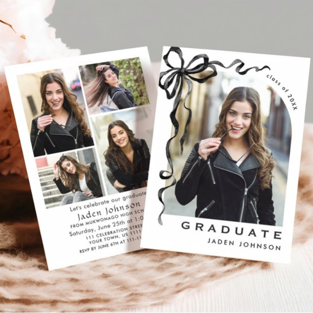 Trendy Neutral Bow Ribbon 5 PHOTO Graduation Party Invitation (Creator Uploaded)