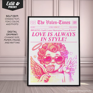 Trendy Newspaper Art Print, Pink Cupid Wall Art
