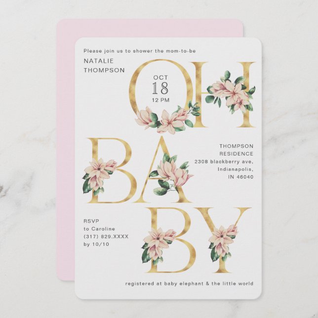 Trendy Oh Baby Magnolia Purple Blush Baby Shower Invitation (Front/Back)