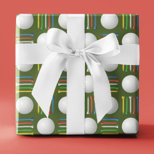 Trendy Olive Green Golf Ball and Tee Gift Wrapping Paper