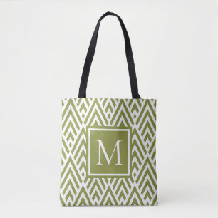 Trendy Olive Green Monogram Arrow Diamond Pattern Tote Bag