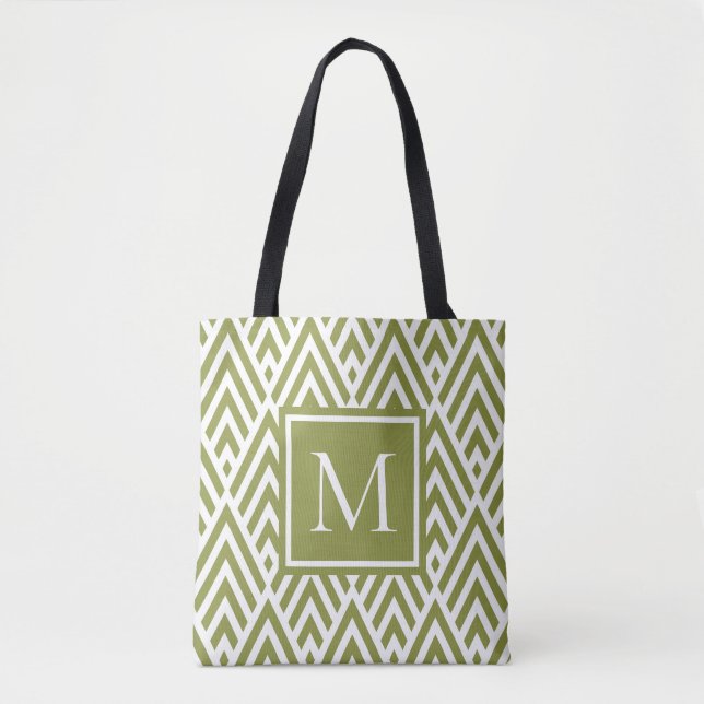 Trendy Olive Green Monogram Arrow Diamond Pattern Tote Bag (Front)