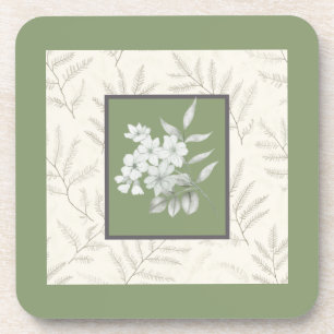 Trendy olive green with white flowers coaster