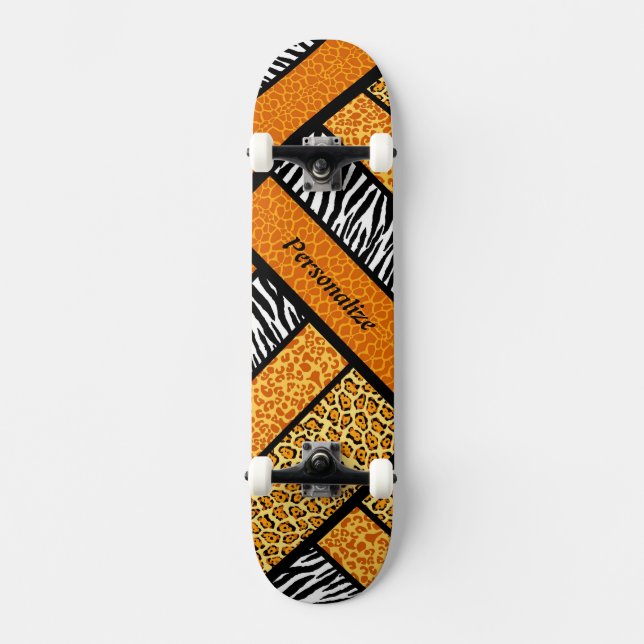 Trendy Orange African Animal Print With Name Skateboard (Front)