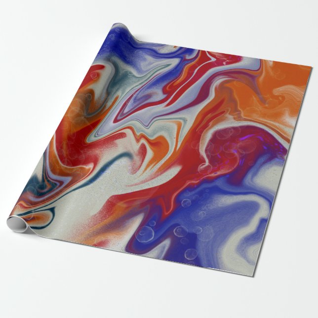 Trendy Orange blue marbling design Wrapping Paper (Unrolled)