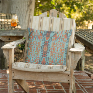 Trendy Orange Brown Turquoise Teal Blue Tribal Art Cushion