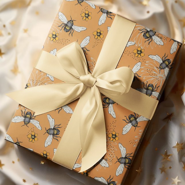 Trendy Orange Buzzing Honeybee for Spring & Summer Wrapping Paper (Hand-drawn happy buzzing bees with Spring-time Cosmos and Daisy flowers)
