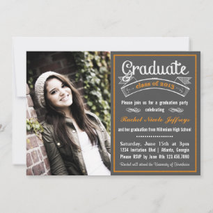 Trendy Orange Chalkboard Typography Graduation Invitation